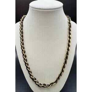 Vintage Trifari Gold Tone Curb Link Twisted Braided Black Seed Bead Necklace 22